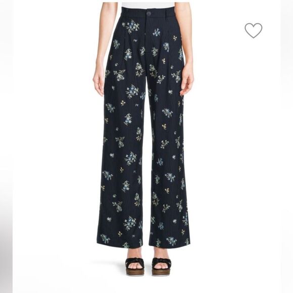 DRIFTWOOD Floral Embroidered Pleated Pants Black and Blue Wide Leg trousers XL - Picture 1 of 12